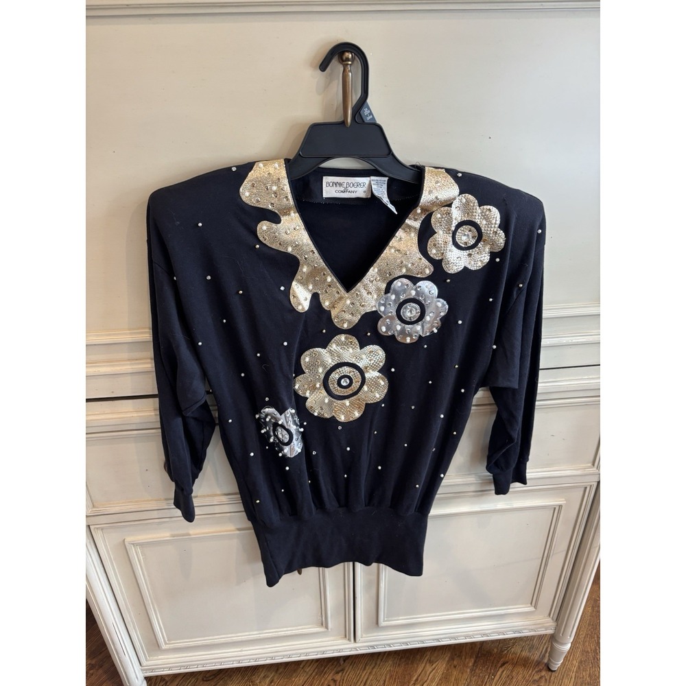 Bonnie Boerer Vintage 1990s Shoulder Pads Metallic Beaded Black Blouse Small Cot